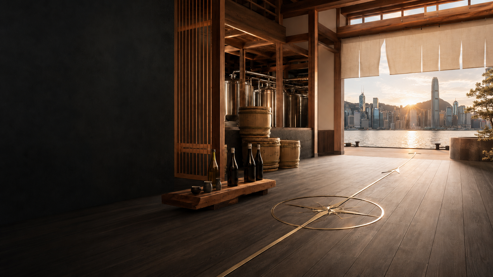 Japanese brewery interior opening toward the Hong Kong skyline